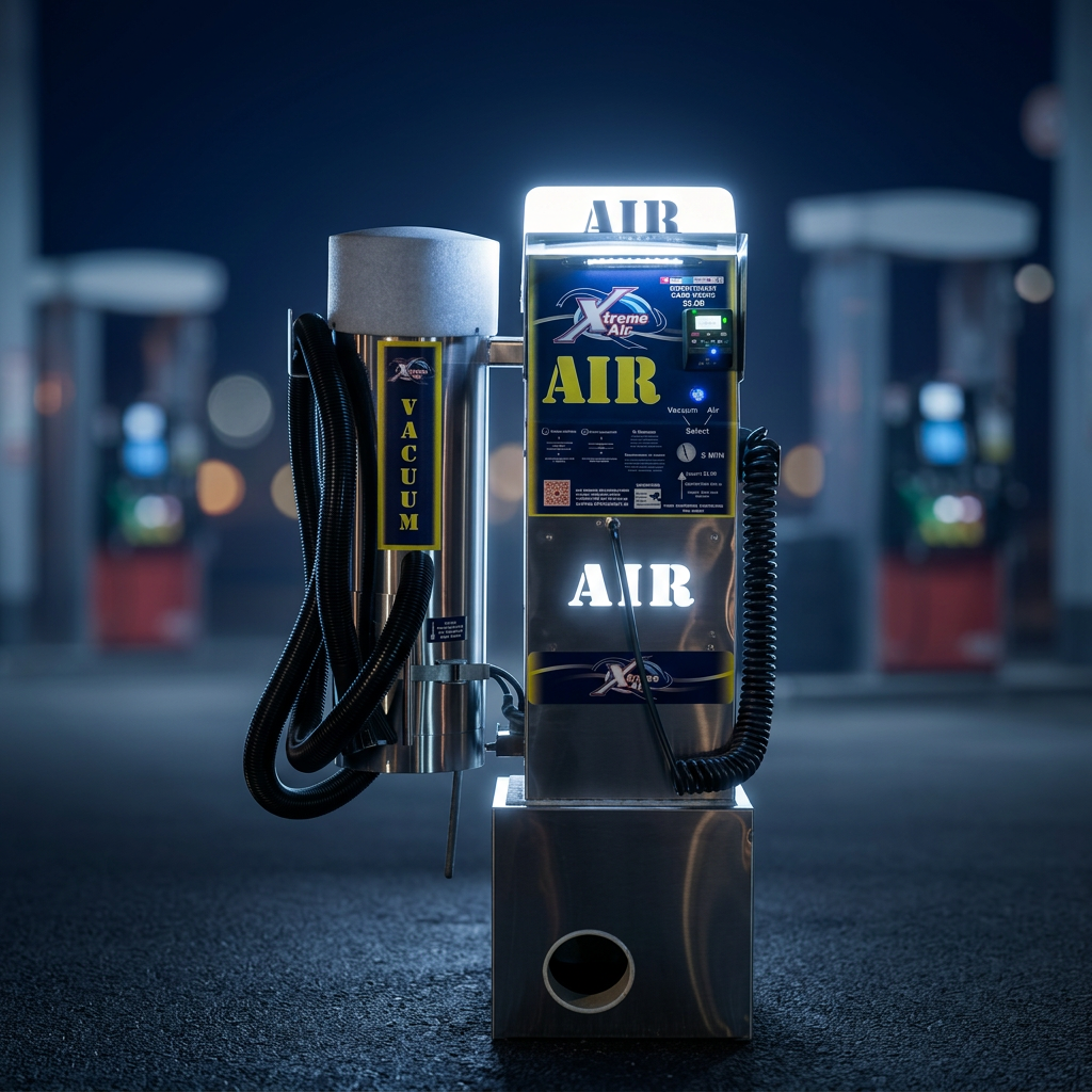 Stainless steel Avex air and vacuum machine illuminated at a gas station at night